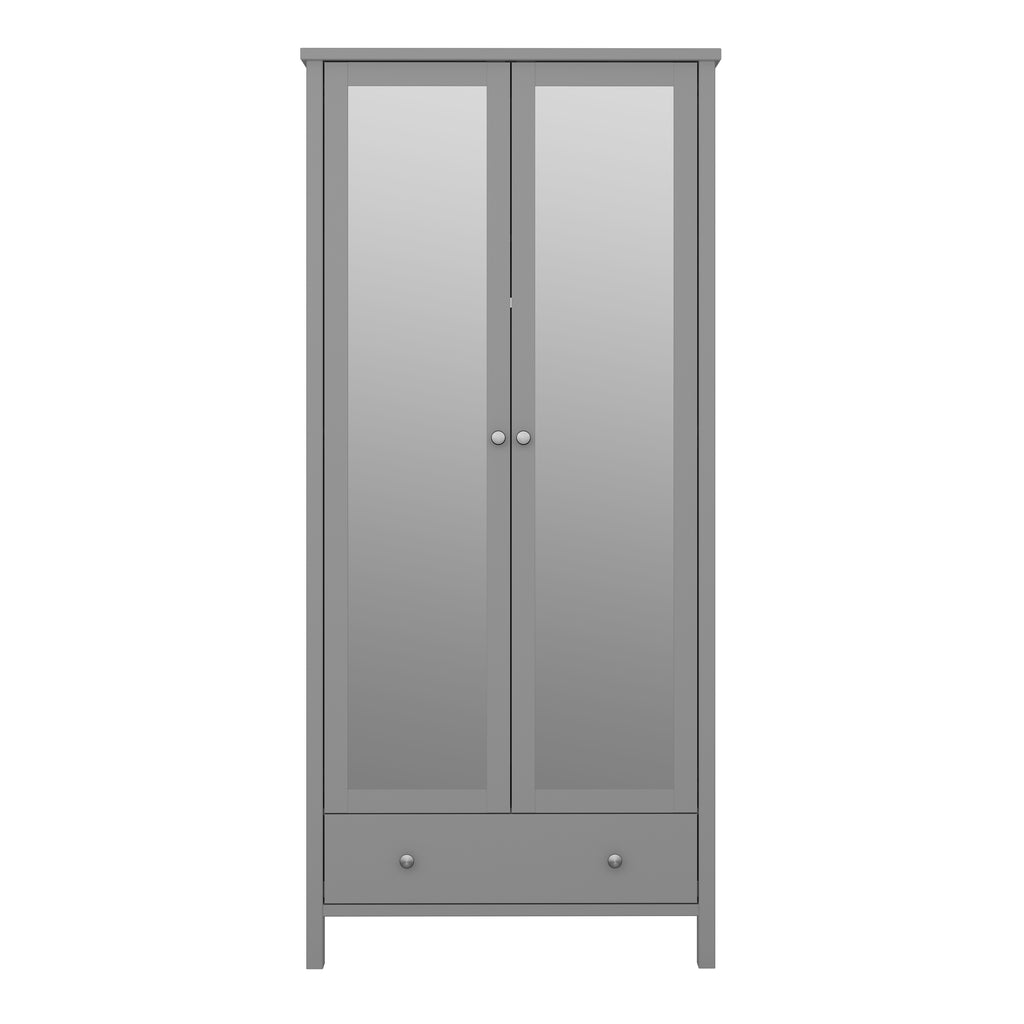 Tromso 2 Mirror Doors + 1 Drawer Wardrobe Folkestone Grey with Leather Handles