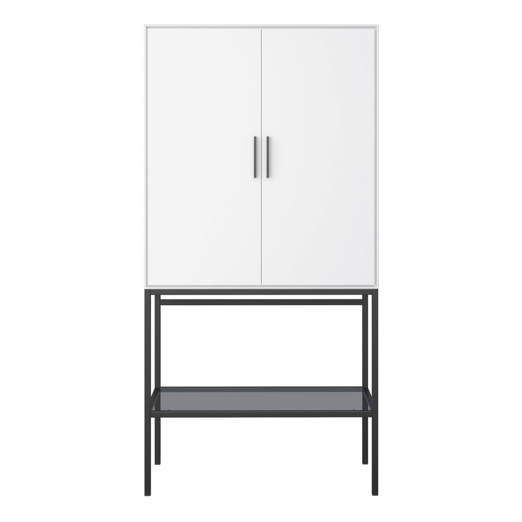 Slimline 2 Door Tall Cabinet in Pure White with Steel Black Legs