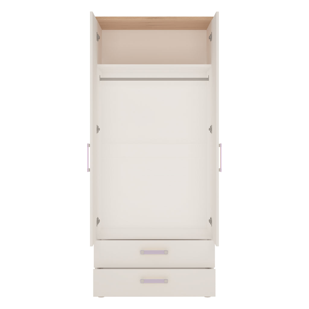 4Kids 2 Door 2 Drawer Wardrobe in Light Oak and white High Gloss (lilac handles)