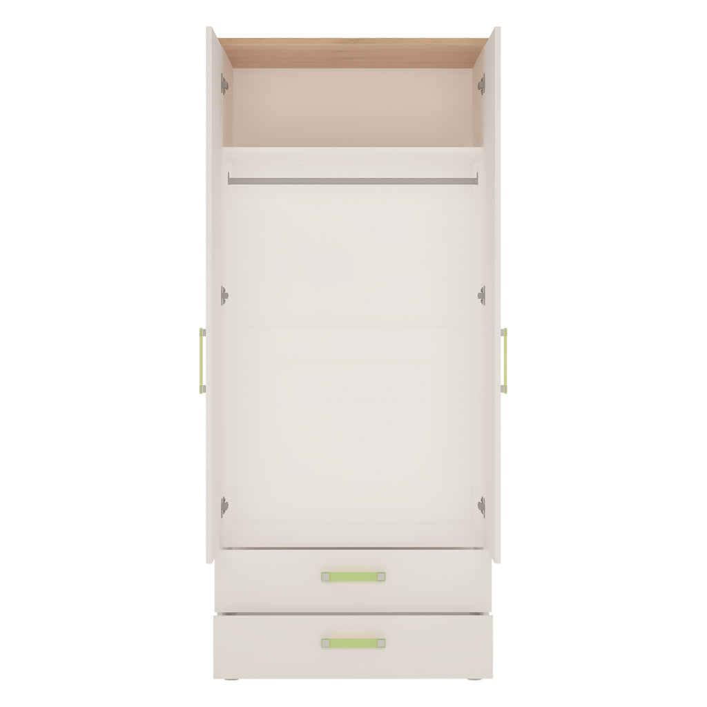 4Kids 2 Door 2 Drawer Wardrobe in Light Oak and white High Gloss (lemon handles)