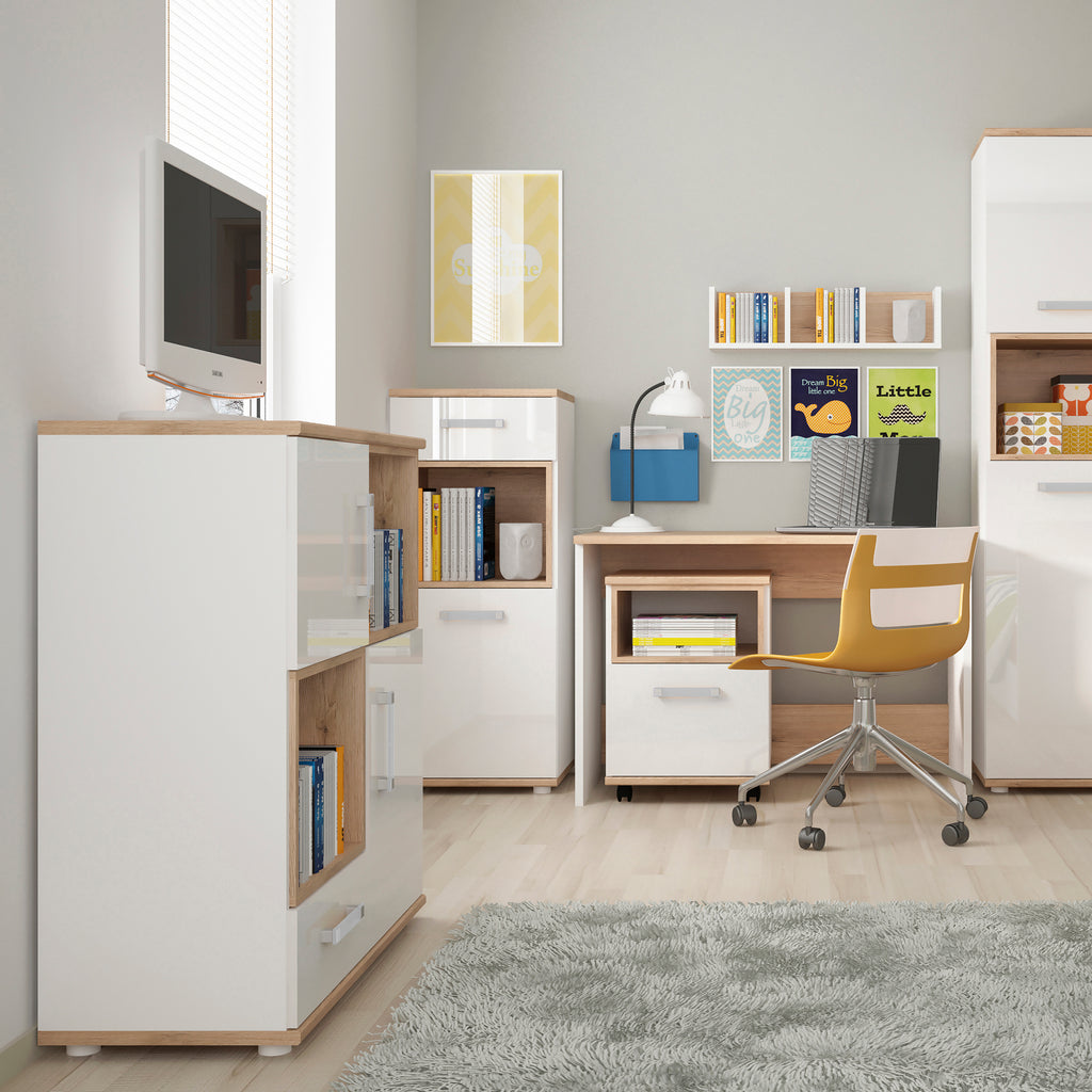 4Kids 1 Door 1 Drawer Narrow Cabinet in Light Oak and white High Gloss (opalino handles)