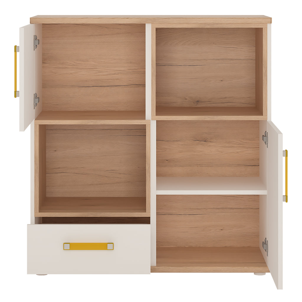 4Kids 2 Door 1 Drawer Cupboard with 2 open shelves in Light Oak and white High Gloss (orange handles)