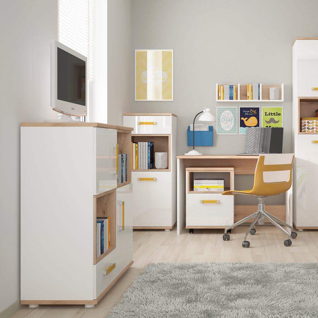 4Kids 2 Door 1 Drawer Cupboard with 2 open shelves in Light Oak and white High Gloss (orange handles)