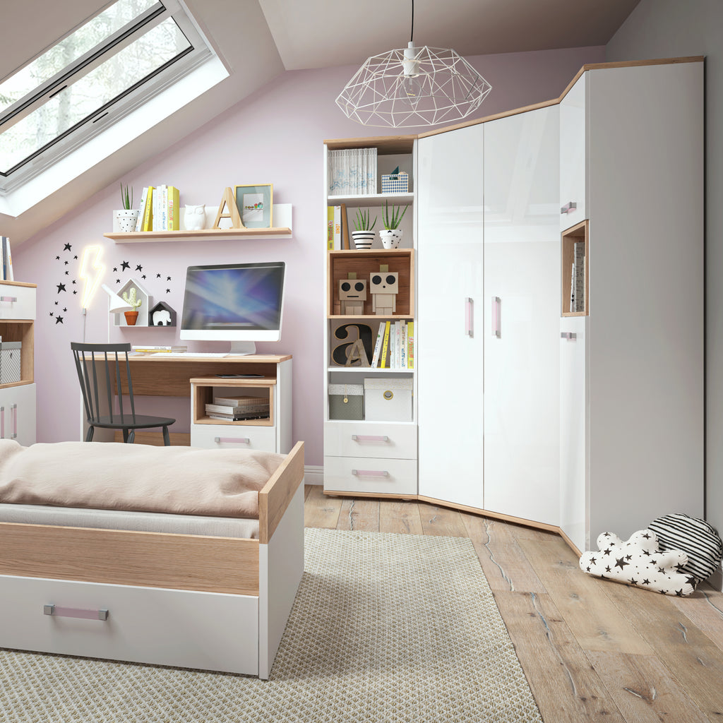 4Kids 1 Door Desk Mobile in Light Oak and white High Gloss (lilac handles)