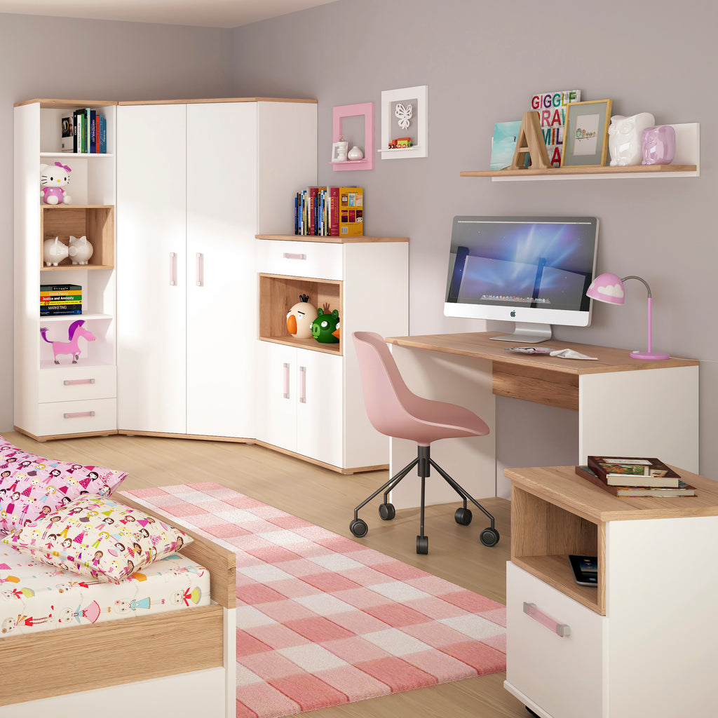 4Kids 1 Door Desk Mobile in Light Oak and white High Gloss (lilac handles)