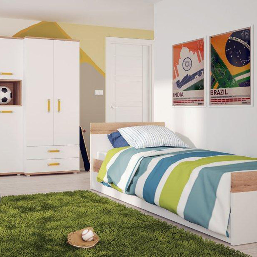 4Kids Single Bed with Underbed Drawer in Light Oak and white High Gloss (orange handles)