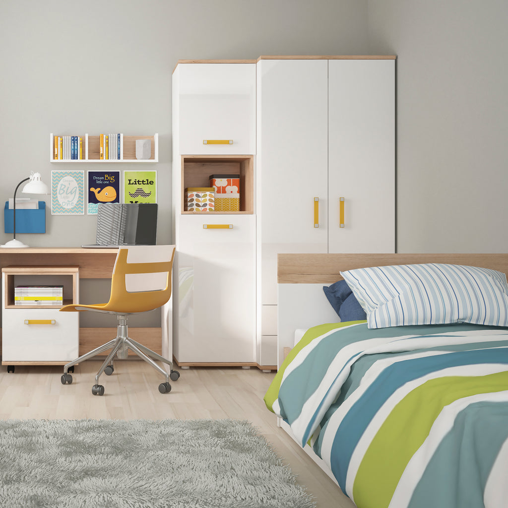 4Kids 1 Drawer bedside Cabinet in Light Oak and white High Gloss (orange handles)