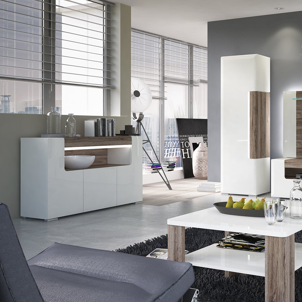 Toronto 3 Door Sideboard with open shelving (inc. Plexi Lighting) In White and Oak