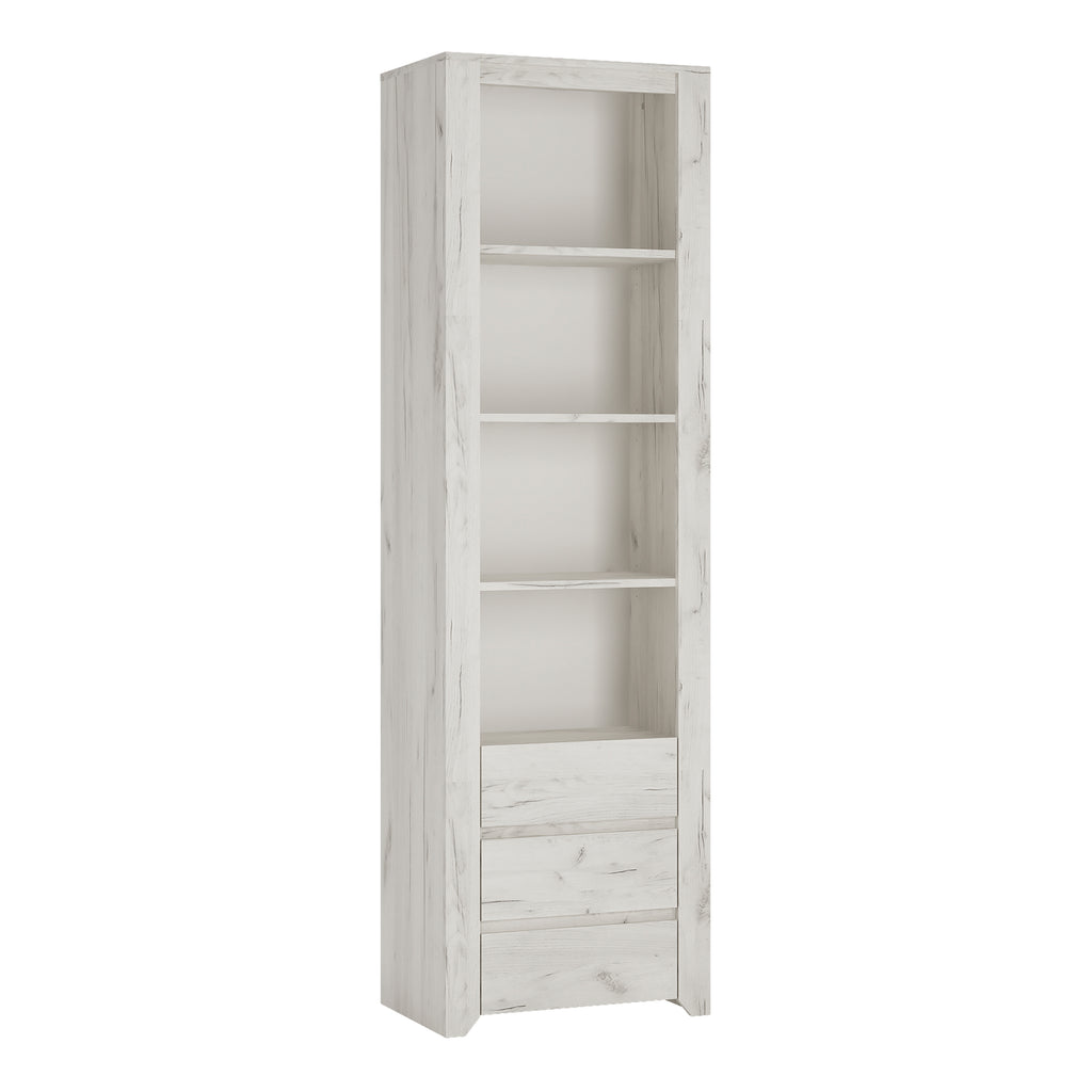 Angel Tall Narrow 3 Drawer Bookcase in White Craft Oak