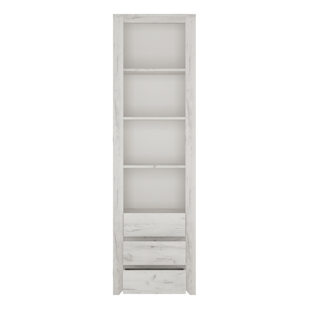 Angel Tall Narrow 3 Drawer Bookcase in White Craft Oak