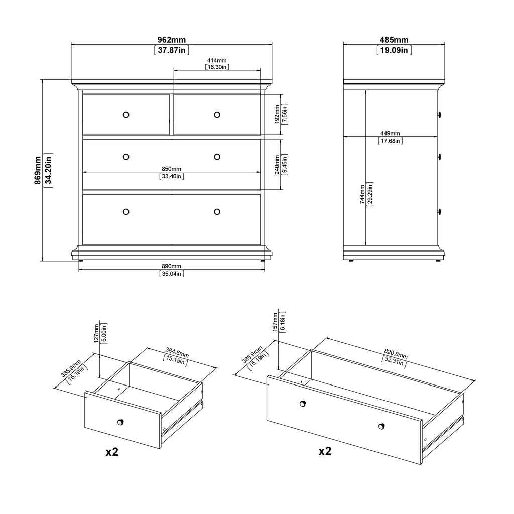 Paris 3 Piece Bundle, Bedside, Chest and 2 Door Wardrobe in White