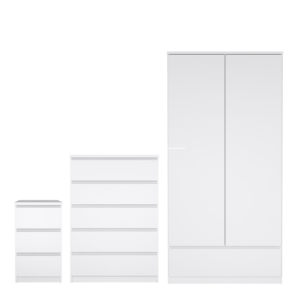 Naia 3 Piece Bundle, Bedside, Chest and 2 Door 1 Drawer Wardrobe in White High Gloss