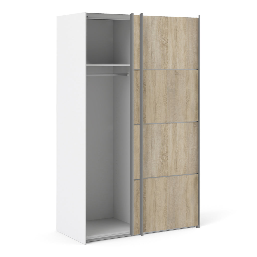 Verona Sliding Wardrobe 120cm in White with Oak Doors with 2 Shelves