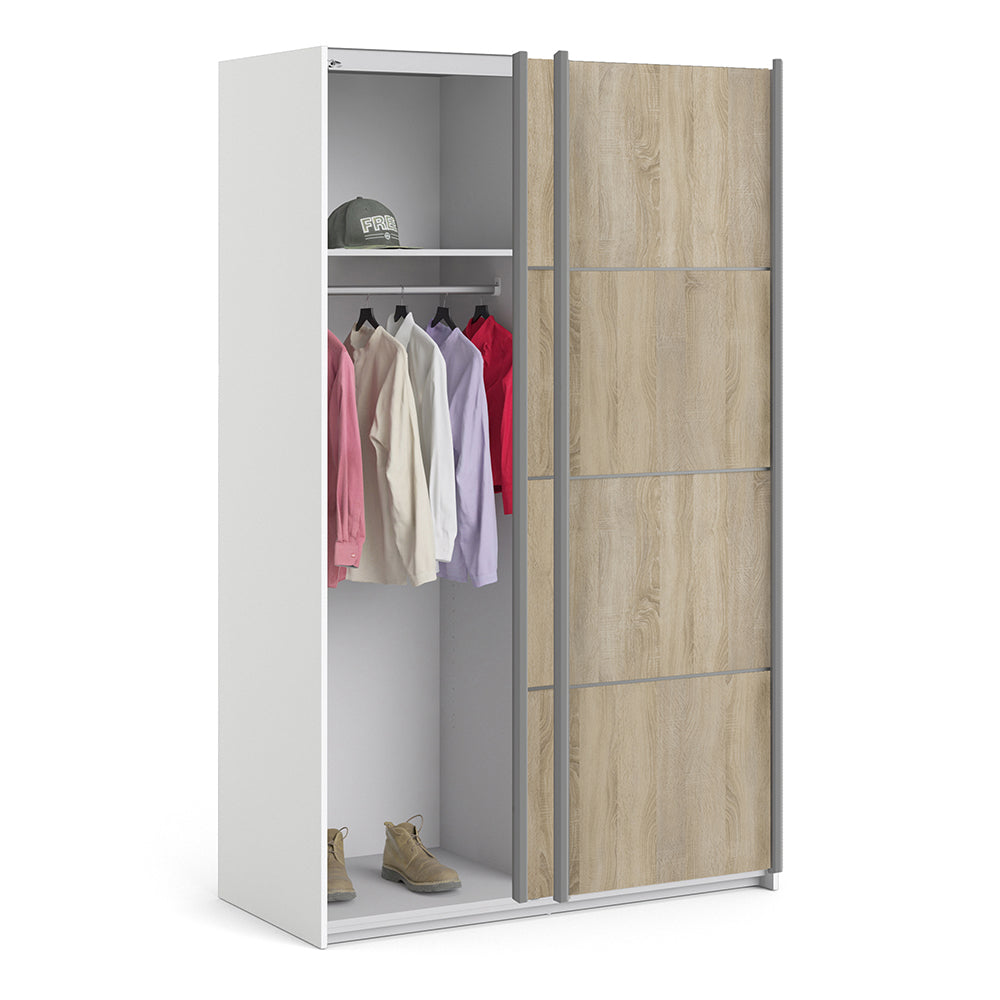 Verona Sliding Wardrobe 120cm in White with Oak Doors with 2 Shelves