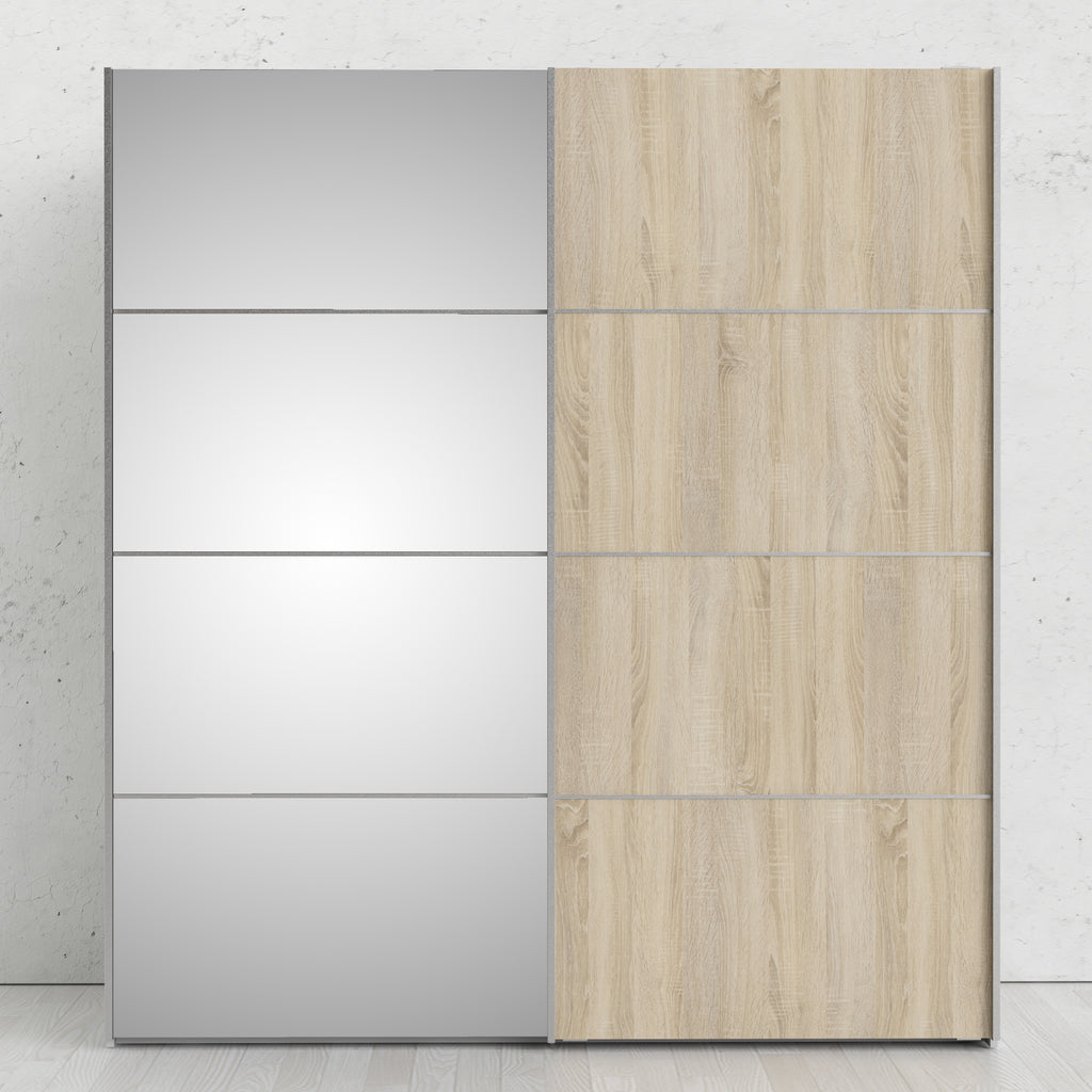 Verona Sliding Wardrobe 180cm in White with Oak and Mirror Doors with 5 Shelves