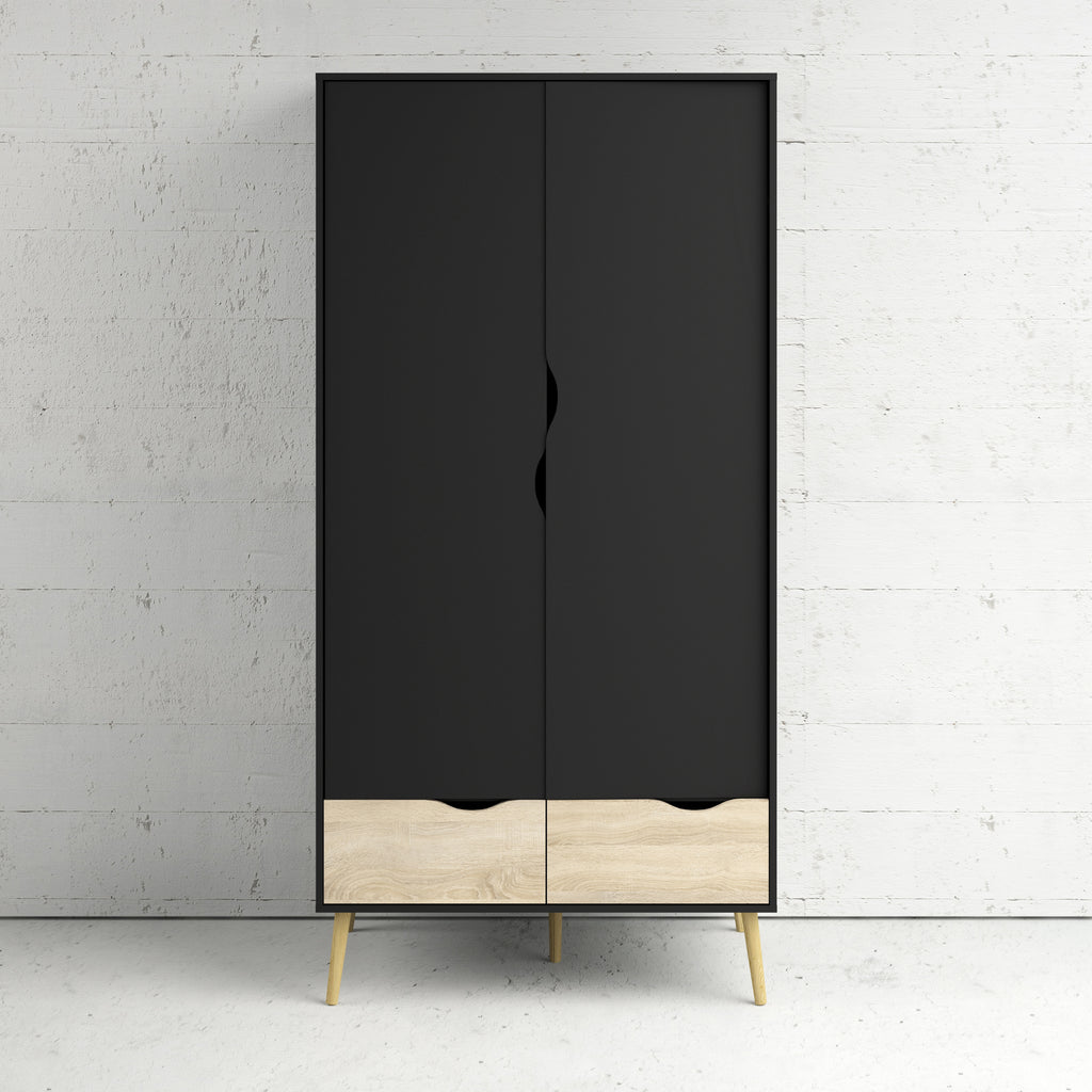 Oslo Wardrobe - 2 Doors 2 Drawers in Black and Oak