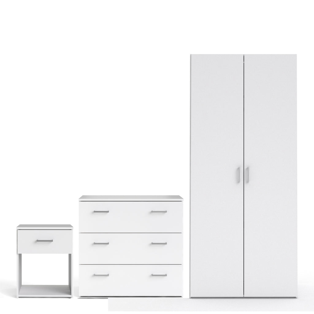 Space 3 Piece Bundle, Bedside, Chest and 2 Door Wardrobe in White