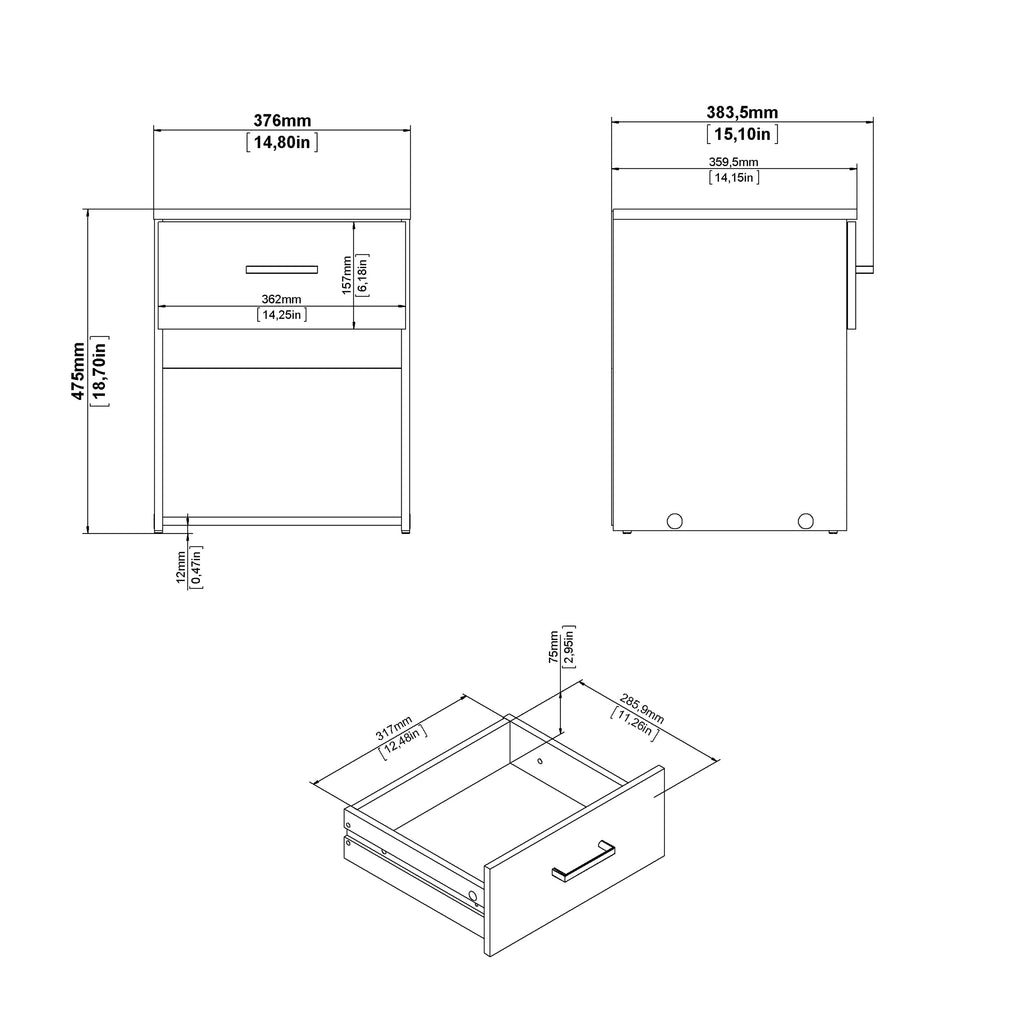 Space 3 Piece Bundle, Bedside, Chest and 2 Door Wardrobe in White