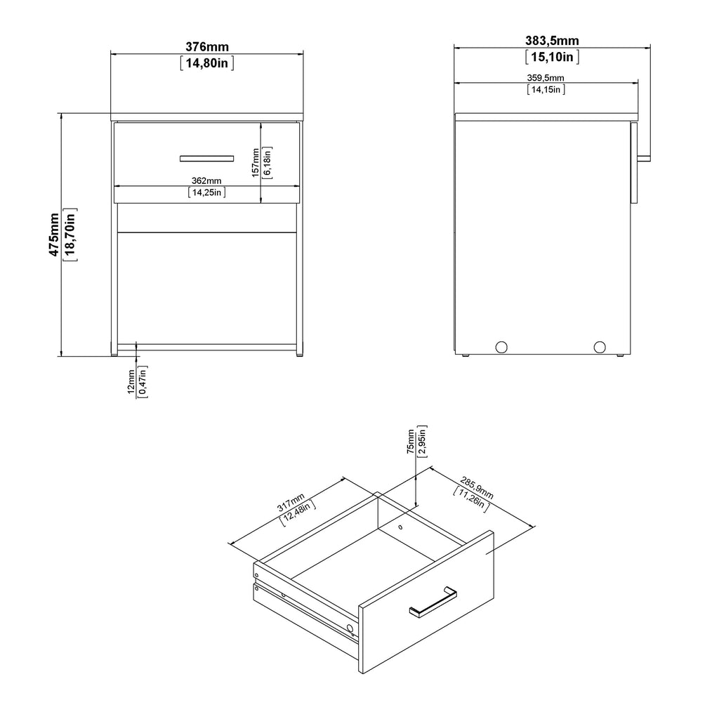 Space 3 Piece Bundle, Bedside, Chest and 2 Door 1 Drawer Wardrobe in Oak