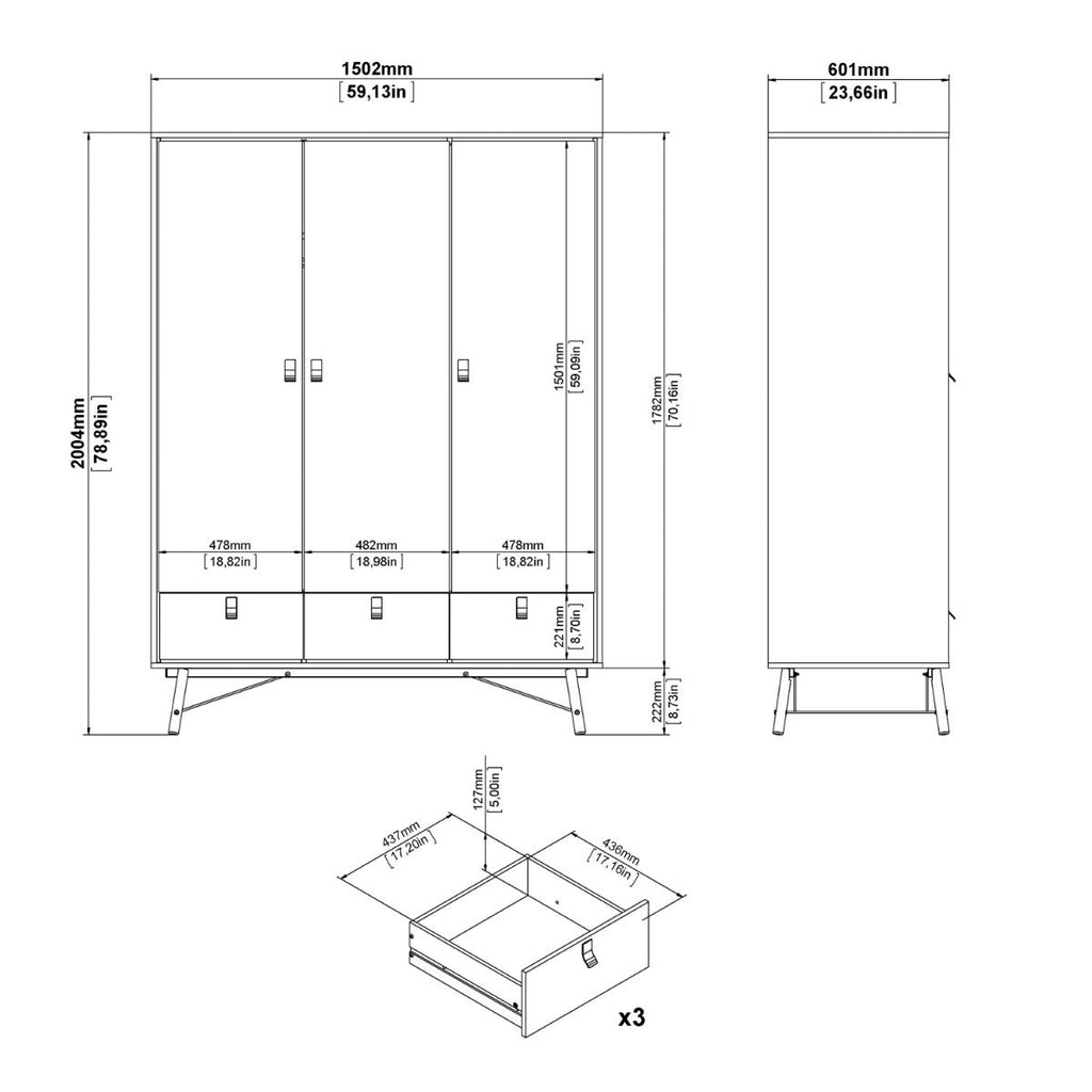 Ry. Wardrobe 3 doors + 3 drawers in Matt Black Walnut