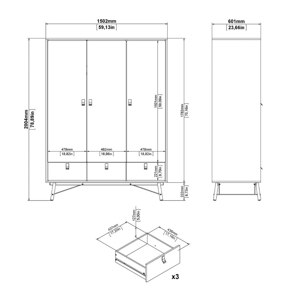 Ry. Wardrobe 3 doors + 3 drawers in Matt White