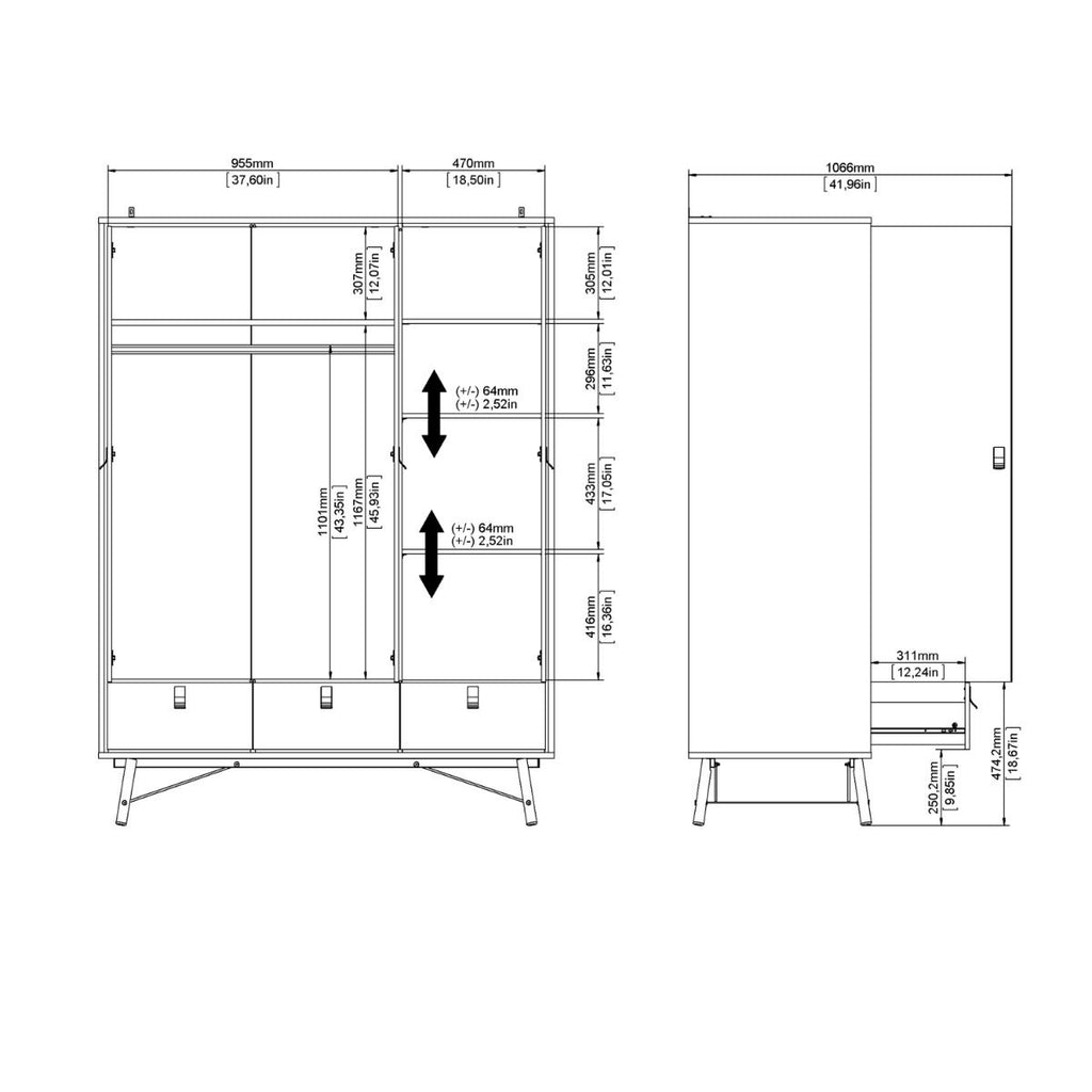 Ry. Wardrobe 3 doors + 3 drawers in Matt White