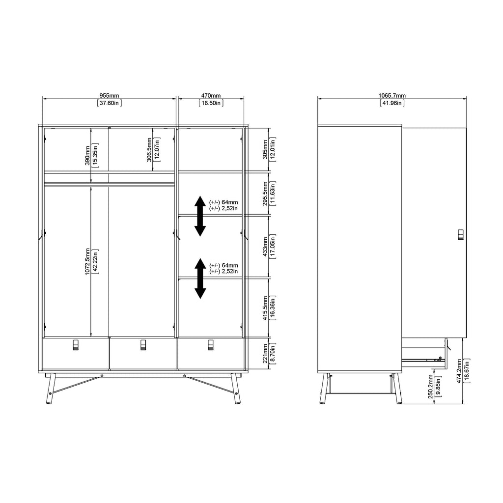 Ry. Wardrobe 3 Doors + 3 Drawers in Jackson Hickory Oak