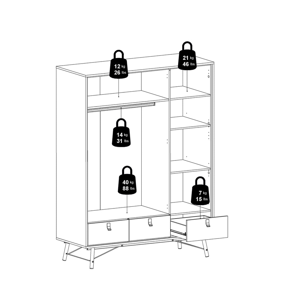 Ry. Wardrobe 3 Doors + 3 Drawers in Jackson Hickory Oak