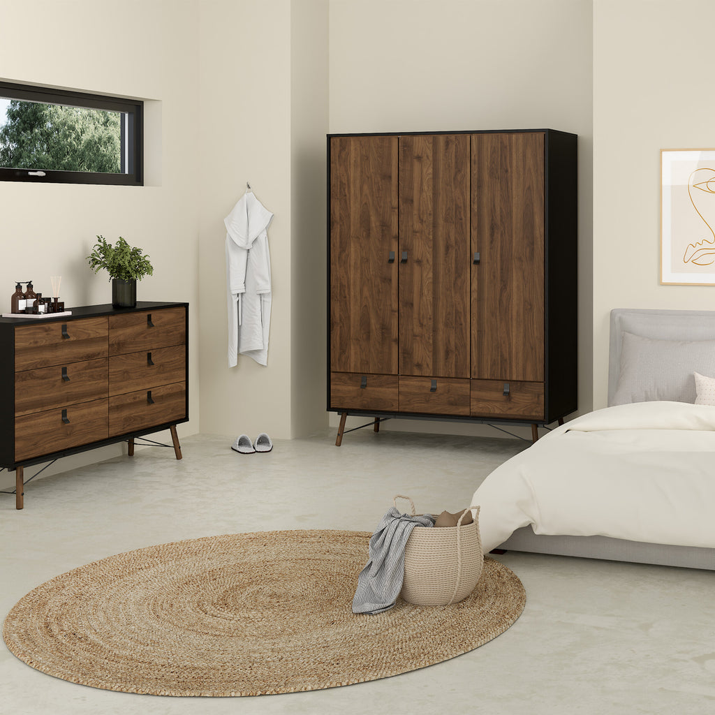 Ry. 3 Piece Bundle, Bedside, Chest and 3 Door 3 Drawer Wardrobe in Matt Black Walnut