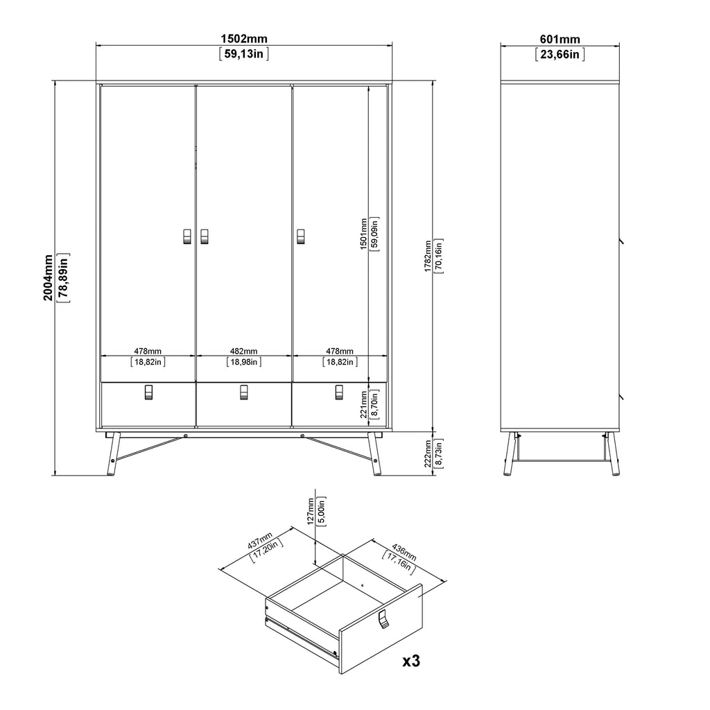 Ry. 3 Piece Bundle, Bedside, Chest and 3 Door 3 Drawer Wardrobe in Jackson Hickory Oak