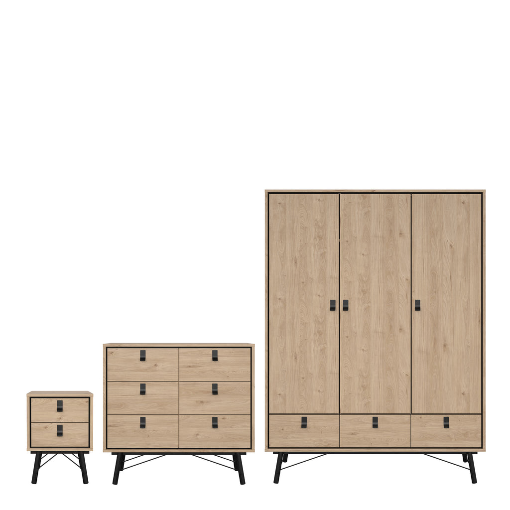 Ry. 3 Piece Bundle, Bedside, Chest and 3 Door 3 Drawer Wardrobe in Jackson Hickory Oak