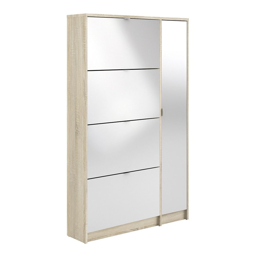 Shoes Shoe cabinet w. 4 tilting doors and 2 layers + 1 mirror door Oak structure