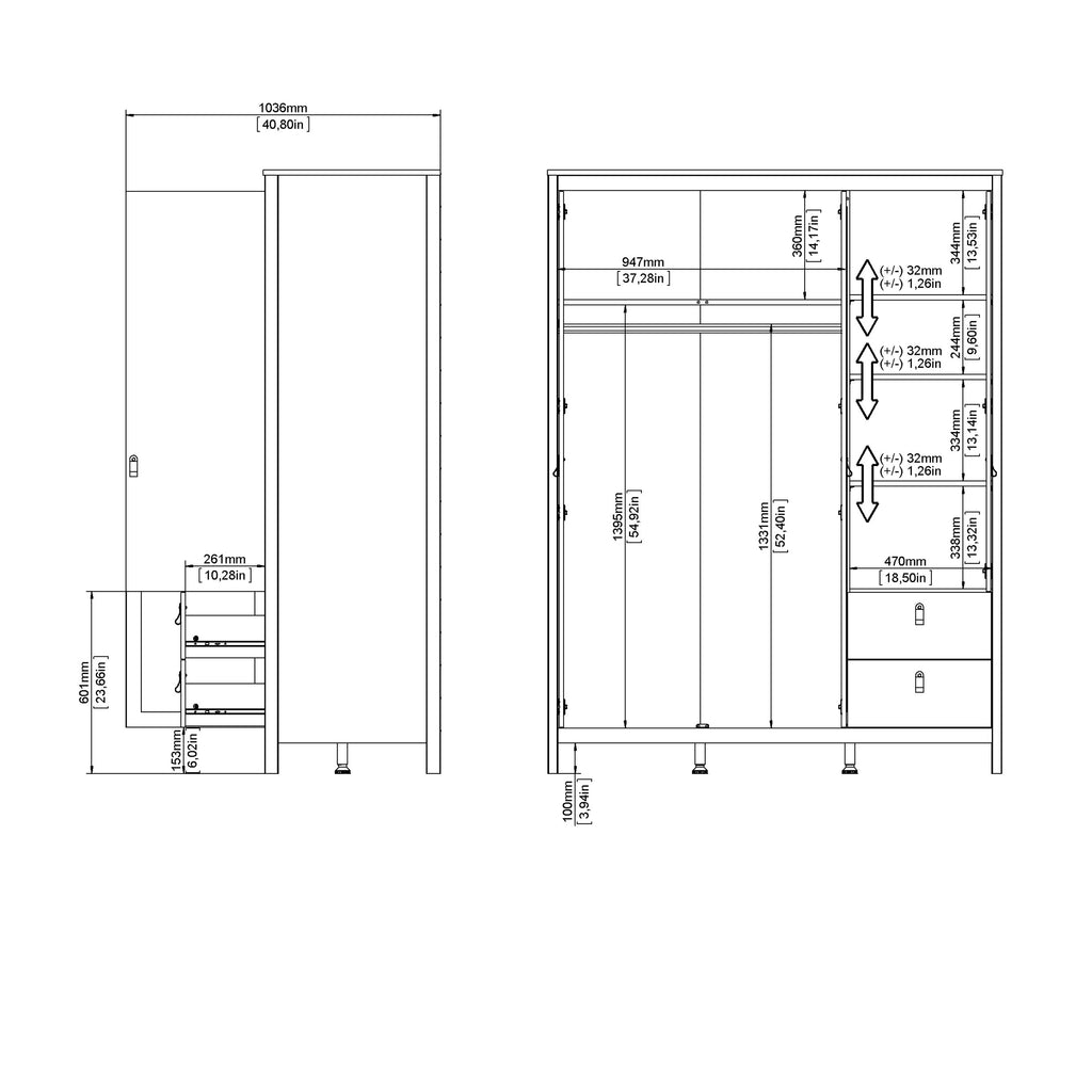 Barcelona Wardrobe with 2 doors + 1 mirror door + 2 drawers White