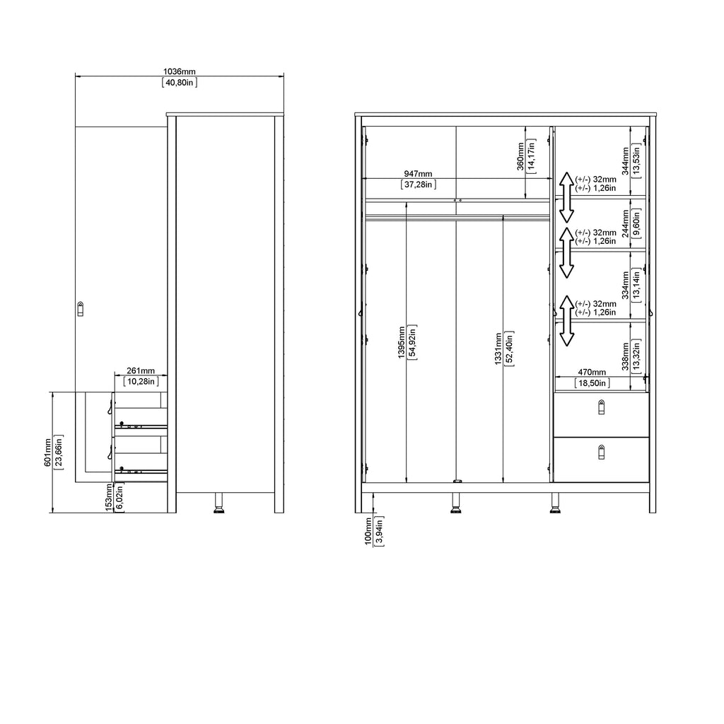 Barcelona Wardrobe with 2 doors + 1 mirror door + 2 drawers Matt Black