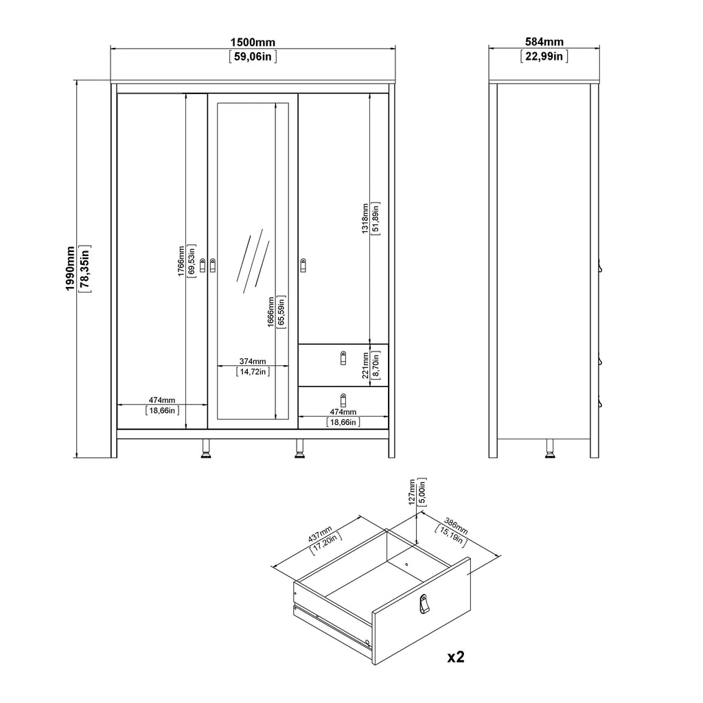 Barcelona Wardrobe with 2 doors + 1 mirror door + 2 drawers Matt Black