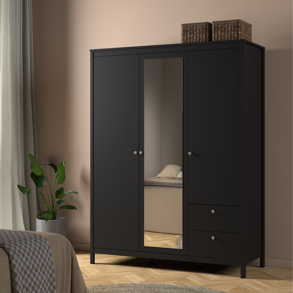 Madrid Wardrobe with 2 doors + 1 mirror door + 2 drawers Matt Black