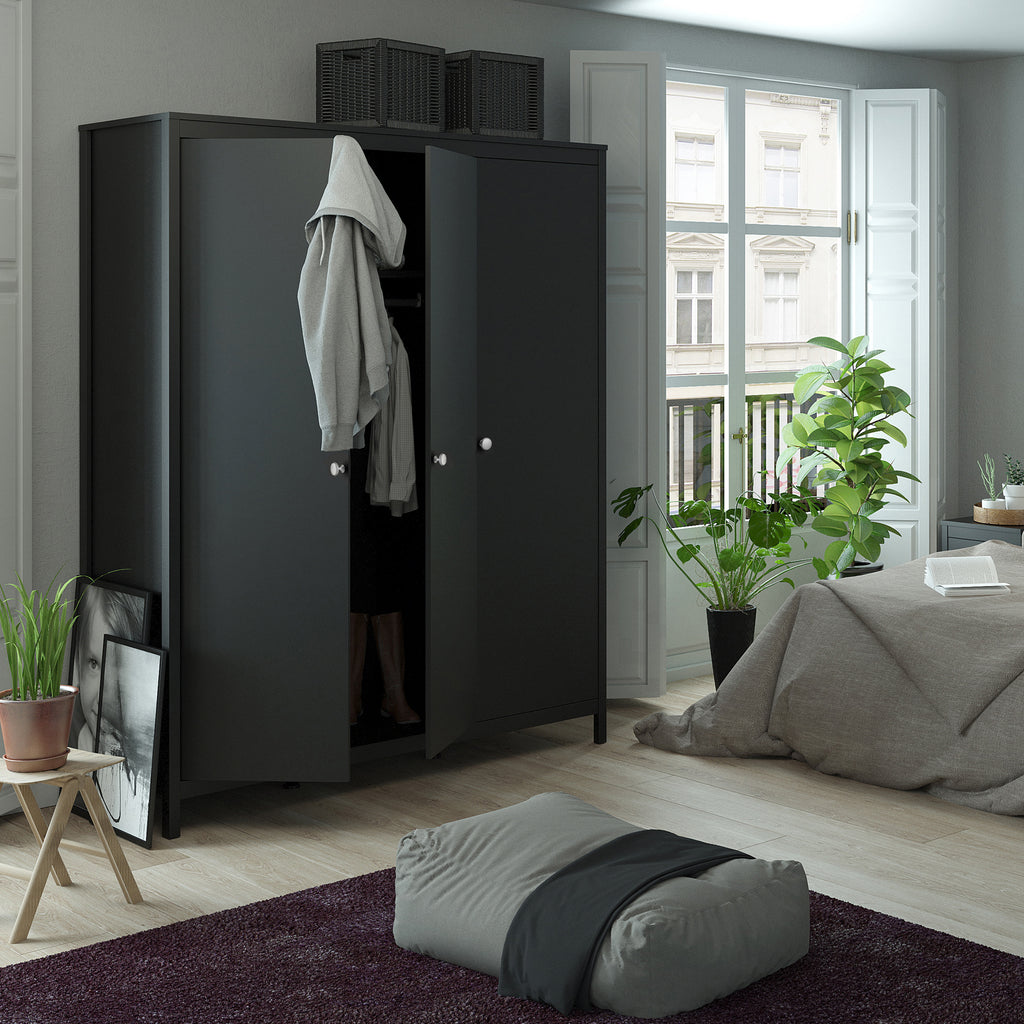 Madrid 3 Piece Bundle, Bedside, Chest and 3 Door Wardrobe in Matt Black