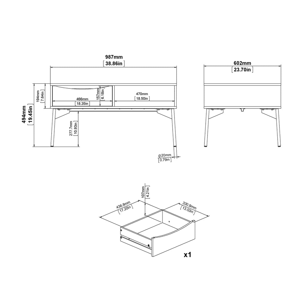 Fur Coffee table with 1 Drawer in Grey, White and Walnut