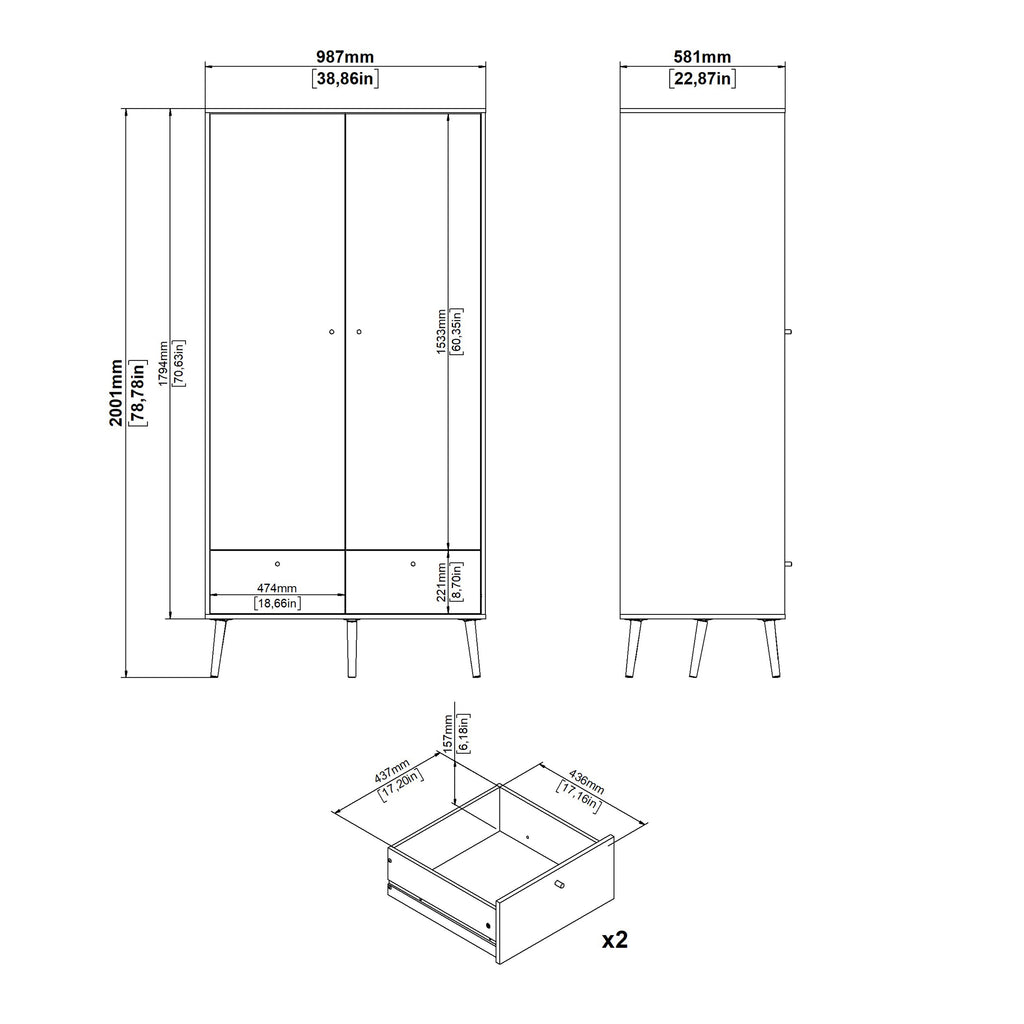 Cumbria Wardrobe with 2 Doors + 2 Drawers White