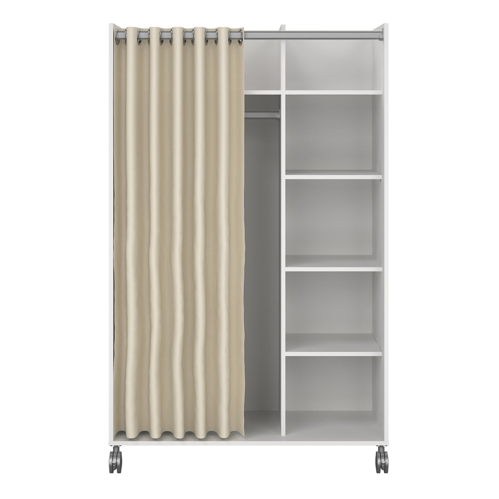 Uppsala Open Mobile Wardrobe Unit in White with a Beige Textile Curtain on Wheels