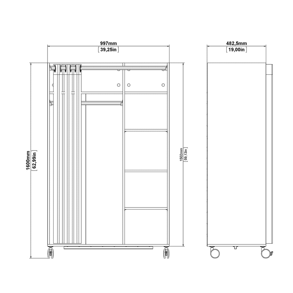 Uppsala Open Mobile Wardrobe Unit in White with a Beige Textile Curtain on Wheels