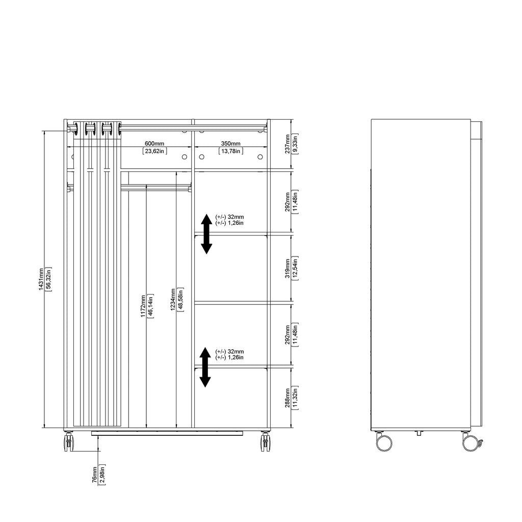 Uppsala Open Mobile Wardrobe Unit in White with a Beige Textile Curtain on Wheels