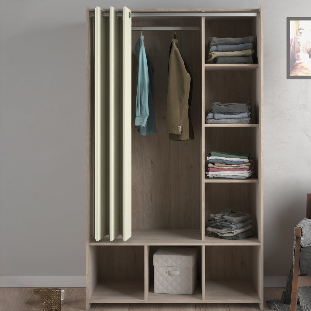 Uppsala Open Mobile Wardrobe Unit in Jackson Hickory Oak with a Beige Textile Curtain