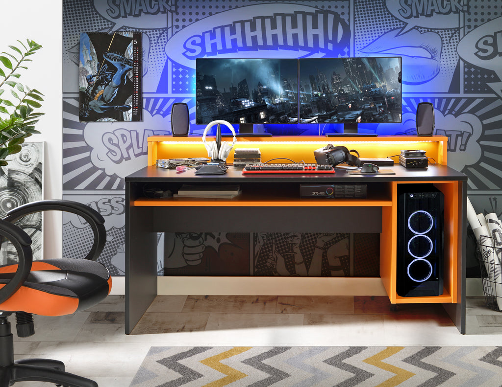 Tezaur Gaming Desk with LED in Matt Black/Orange