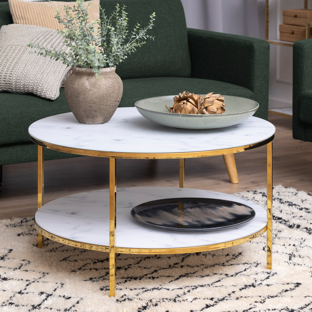 Alisma Round Coffee Table with Marble Effect Top & Gold Legs