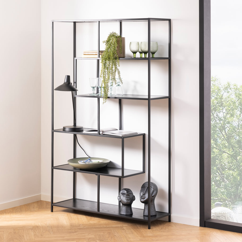 Seaford Black Metal Large Asymmetrical Bookcase with 5 Black Shelves