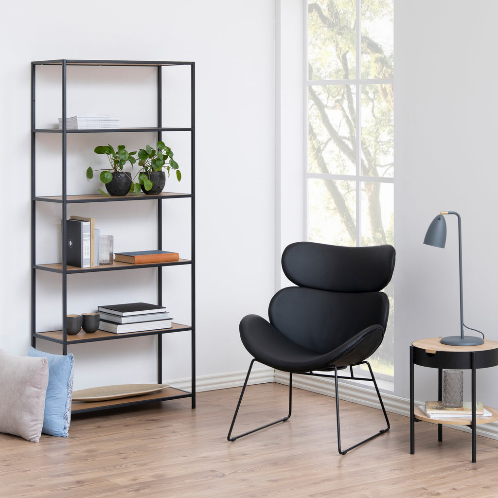 Seaford Tall Black Metal Bookcase with 5 Shelves in Oak