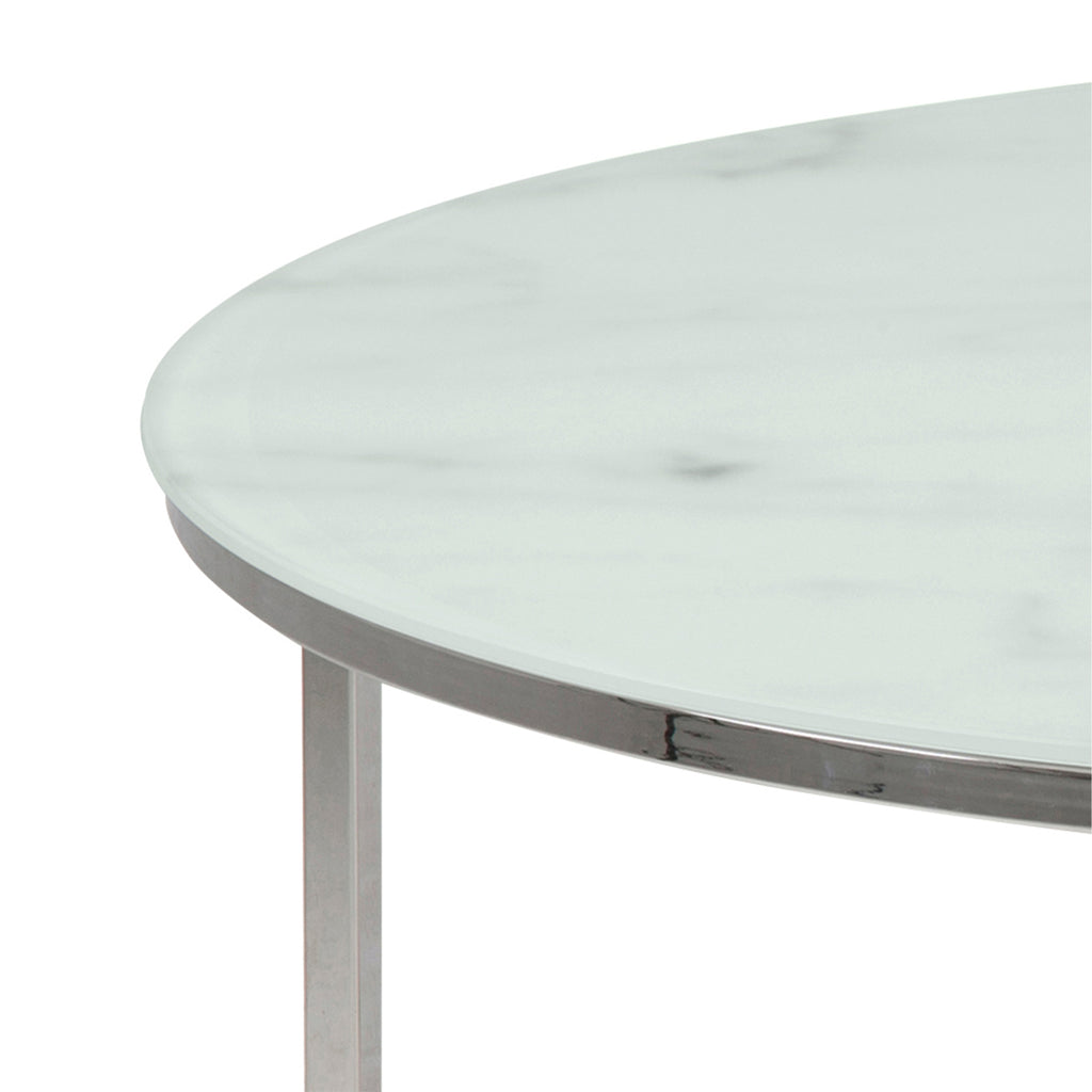 Alisma Round Coffee Table with White Marble Top & Silver Legs