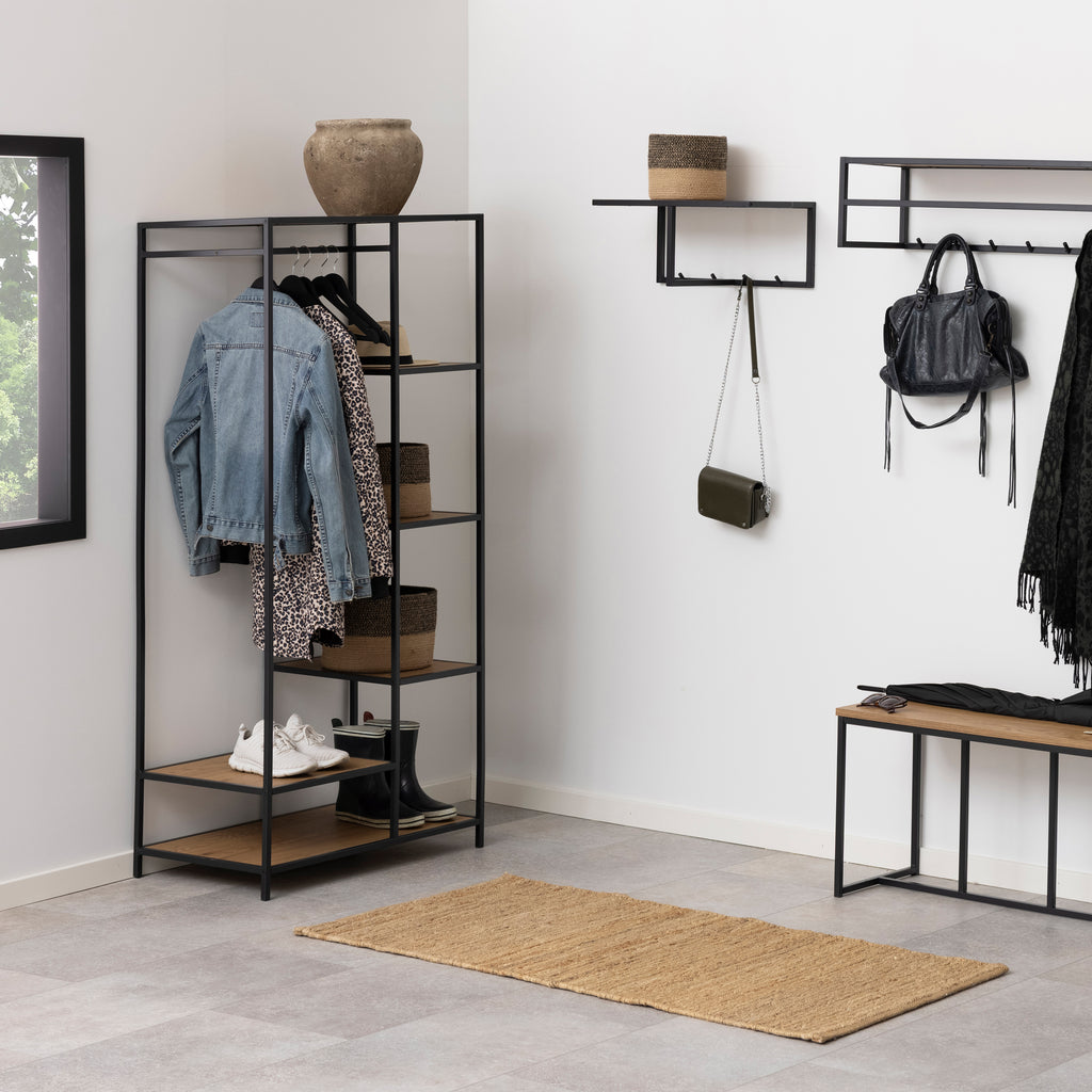 Seaford Black Metal Clothes Rack with 5 Oak Shelves