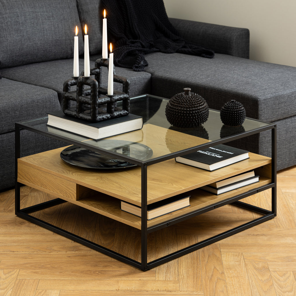 Randolf Square Coffee Table with 2 Shelves in Black and Oak